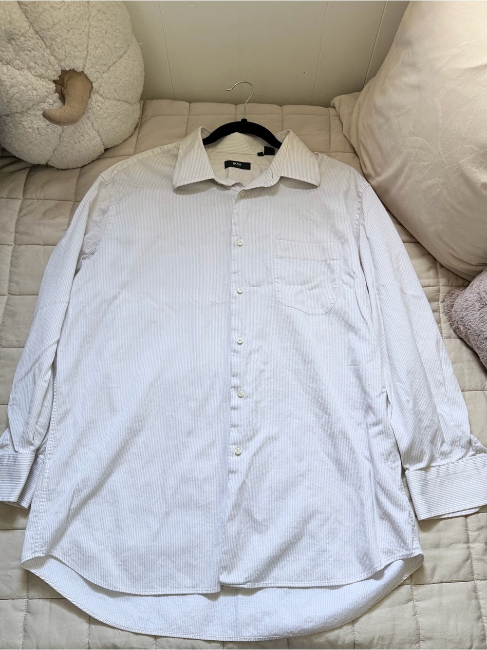 Hugo Boss White and Cream striped Long-Sleeve Button-Down